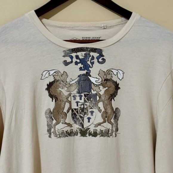 Guess| Men’s Y2K Honore Coat of Arms Cream Long Sleeve Knit Shirt Sz XL - Picture 2 of 5